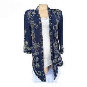Objects D’art cardigan navy embroidered cord w gold metallic thread‎ XS S soft